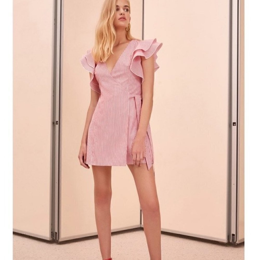 c/meo collective striped wrap dress with ruffle sleeves